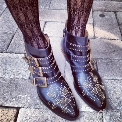 VCSHOES Punk Style Rivets Flower Motorcyle Boots Three Buckle Straps Gold Silver Rivets Mid Square Heels Ankle Boots Woman Riding Boots