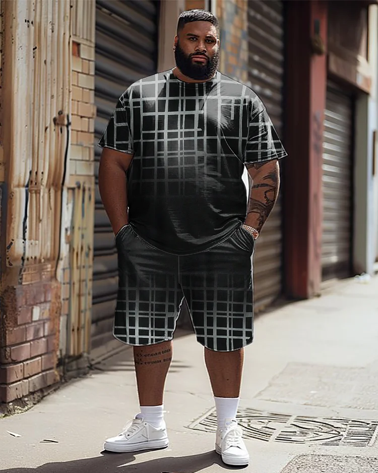 Men's Plus Size Gradient Line Print T-shirt Shorts Suit