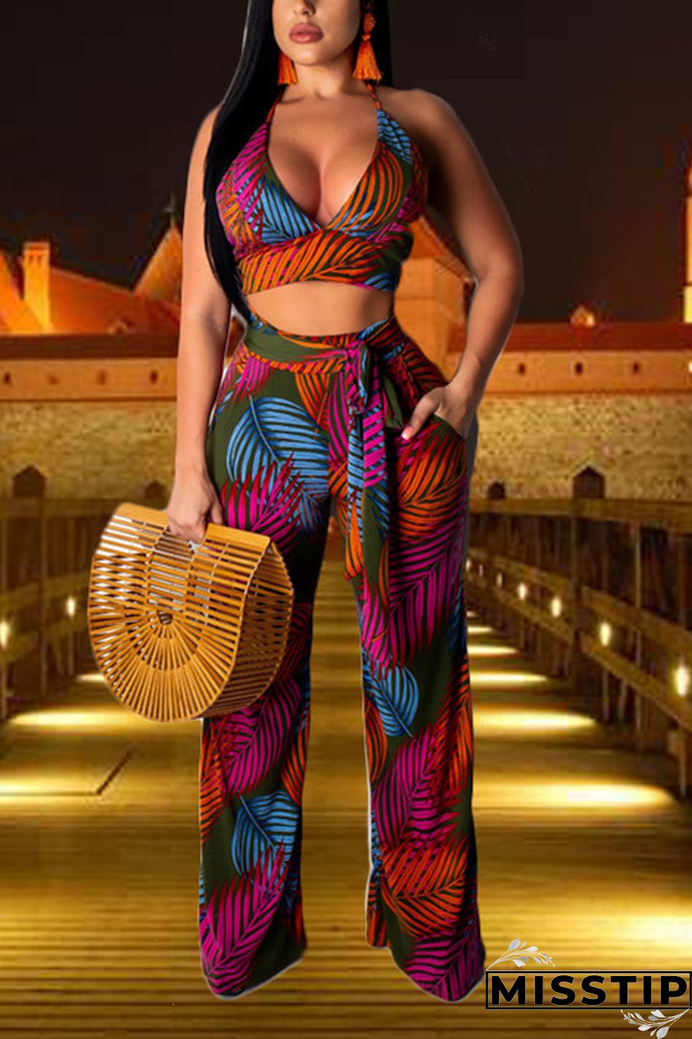 Green Printed Bandage Wide Leg Pants Sling Two-piece Set