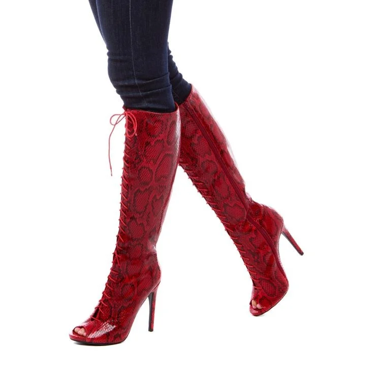Fashion Burgundy Snakeskin Lace Up Peep Toe Stiletto Knee-High Boots |FSJ Shoes