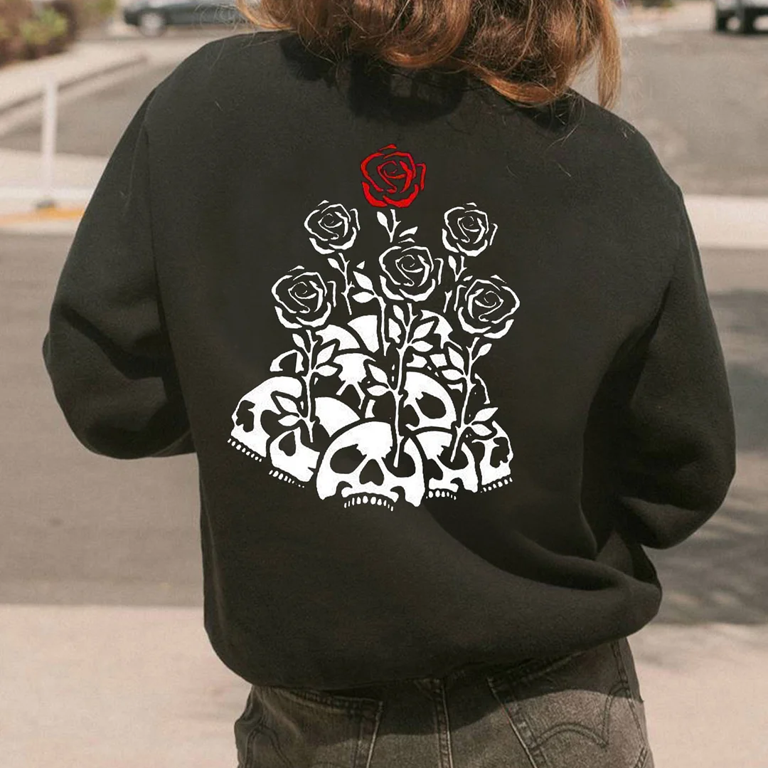 Skulls and Flowers Casual Graphic  Black Print Sweatshirt