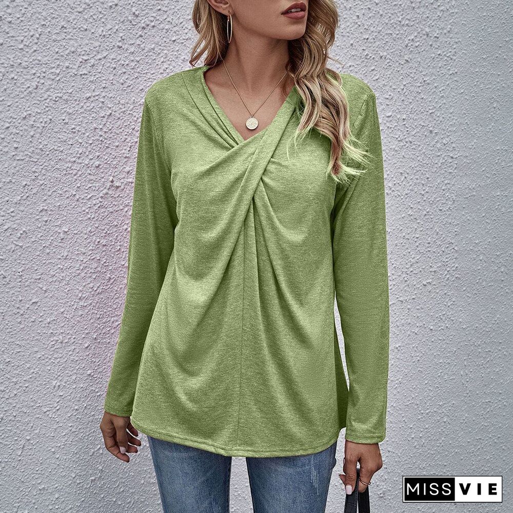 Autumn Spring Tops Women Casual Long Sleeve Cross Neck T-Shirts Fashion Female Stitching Tees Loose Pullover Solid Tops