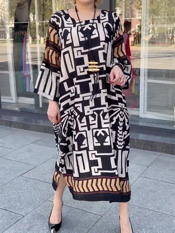 Color-Block Floral Printed Long Sleeves Loose Round-Neck Maxi Dresses