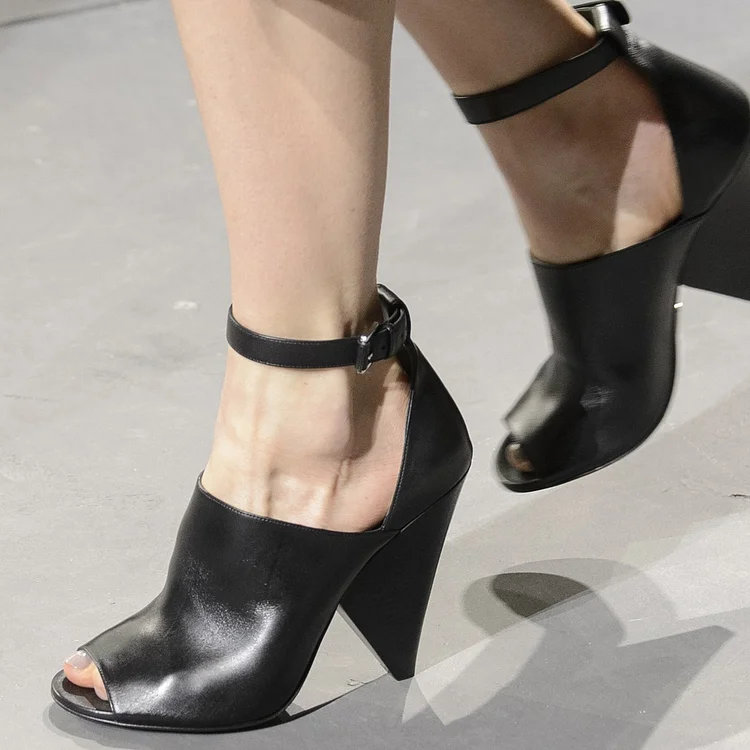 Black Peep Toe Booties Cone Heel Ankle Strap Shoes |FSJ Shoes