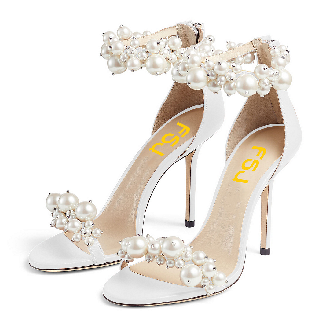 White Leather Sandals With Pearl Decor Ankle Strap Sandals