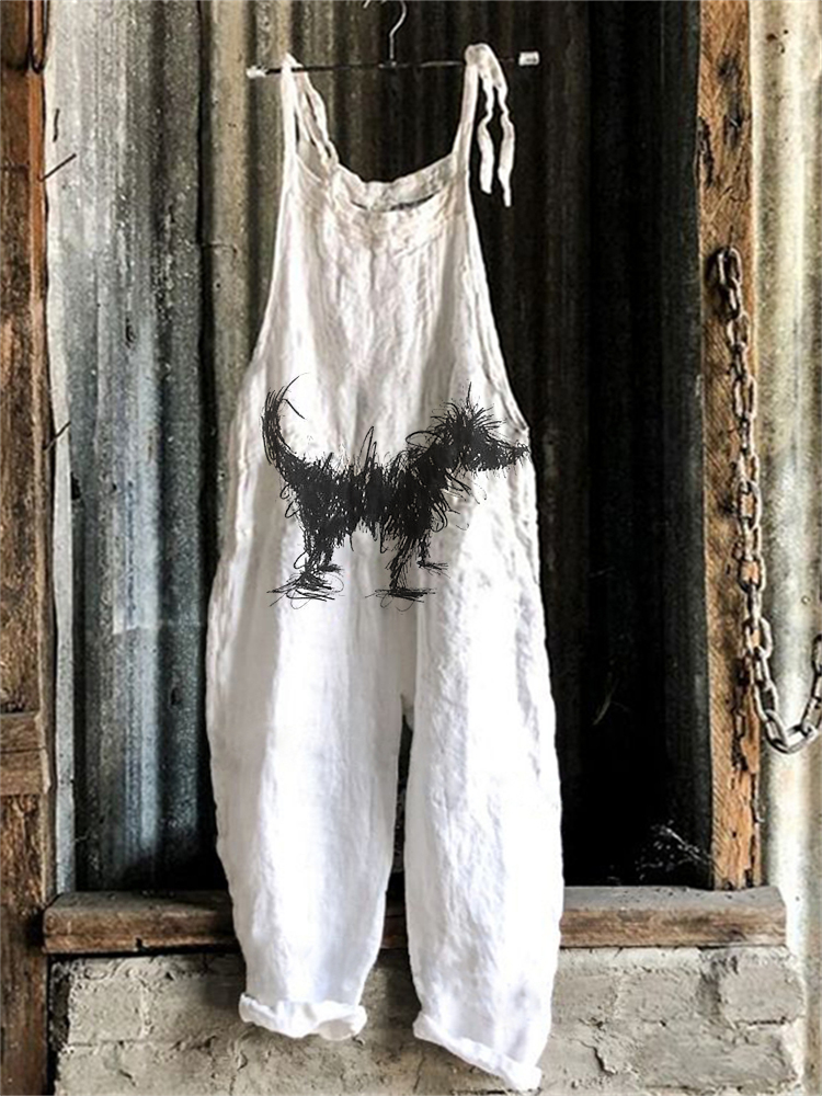 Comstylish Fuzzy Dog Abstract Art Linen Blend Jumpsuit