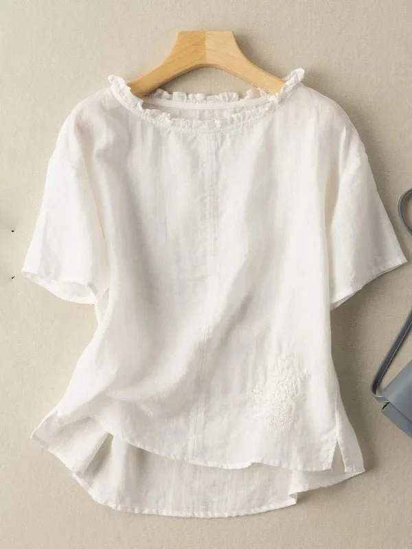 Embroidered Round Neck Short Sleeve Casual Linen Tee Top