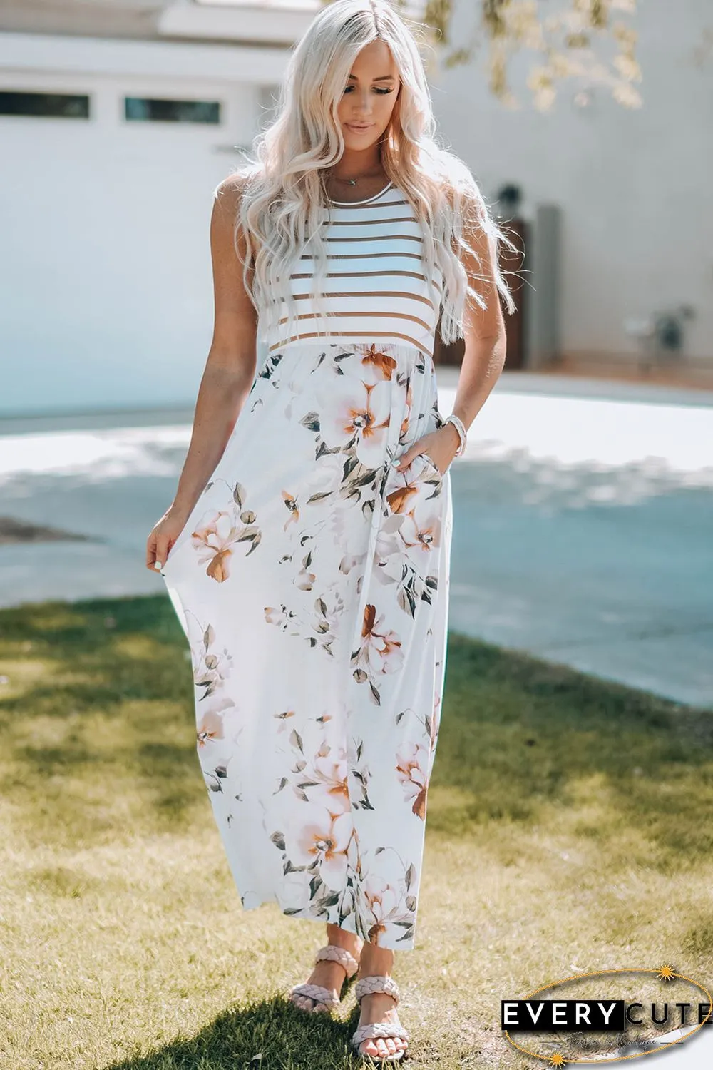 White Striped Floral Print Sleeveless Maxi Dress with Pocket