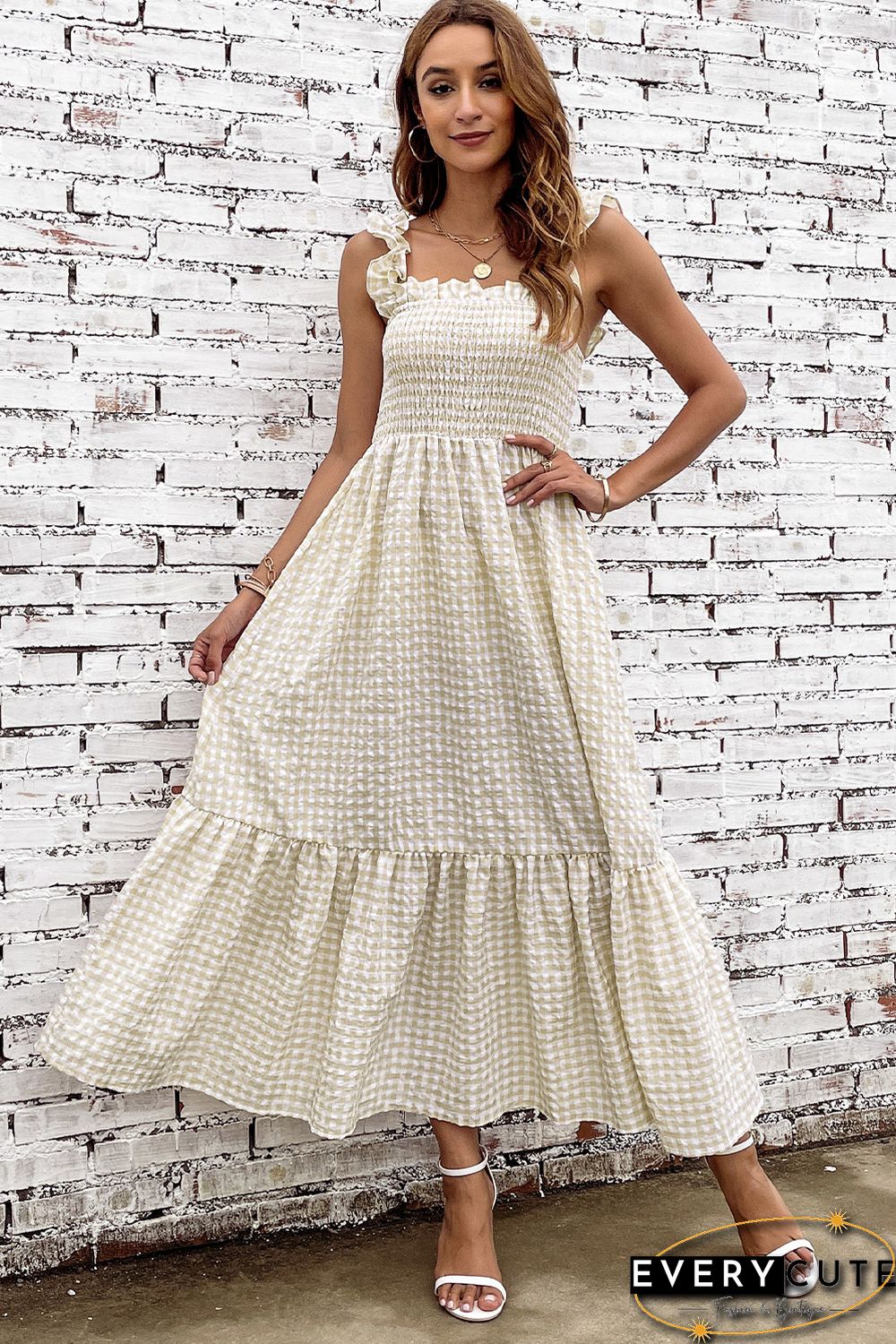 Khaki Plaid Ruffled Sleeve Smocked Maxi Dress