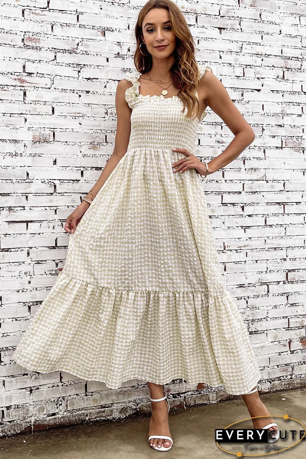 Khaki Plaid Ruffled Sleeve Smocked Maxi Dress