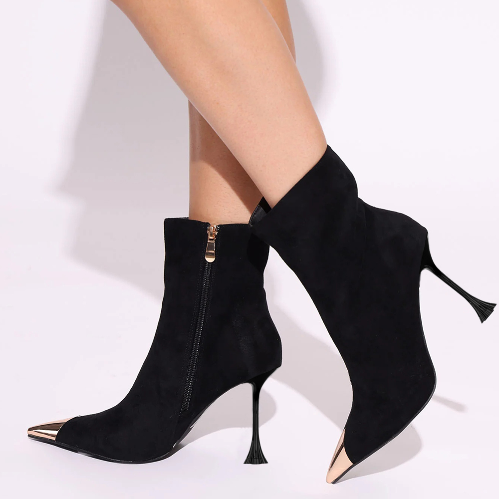 Black Faux Suede Closed Toe 4'' Flared Heel Ankle Boots Nicepairs