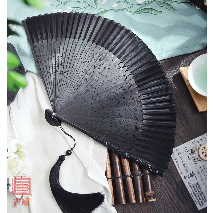 Silken Serenity - Exquisite Chinese Fan | Vintage-Inspired,  Red Hanfu,  Lacquer Carved,  Foldable | Dance & Décor Fan