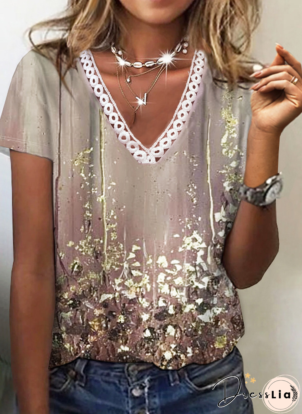 V Neck Floral Printed Jersey T-Shirt