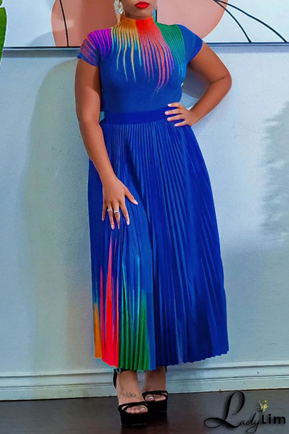 Apricot Casual Elegant Gradual Change Print Patchwork Fold O Neck Short Sleeve Two Pieces