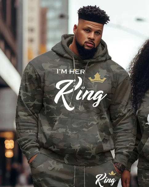 Couple's Large Size Casual Retro King/Queen Camouflage Hoodie Set
