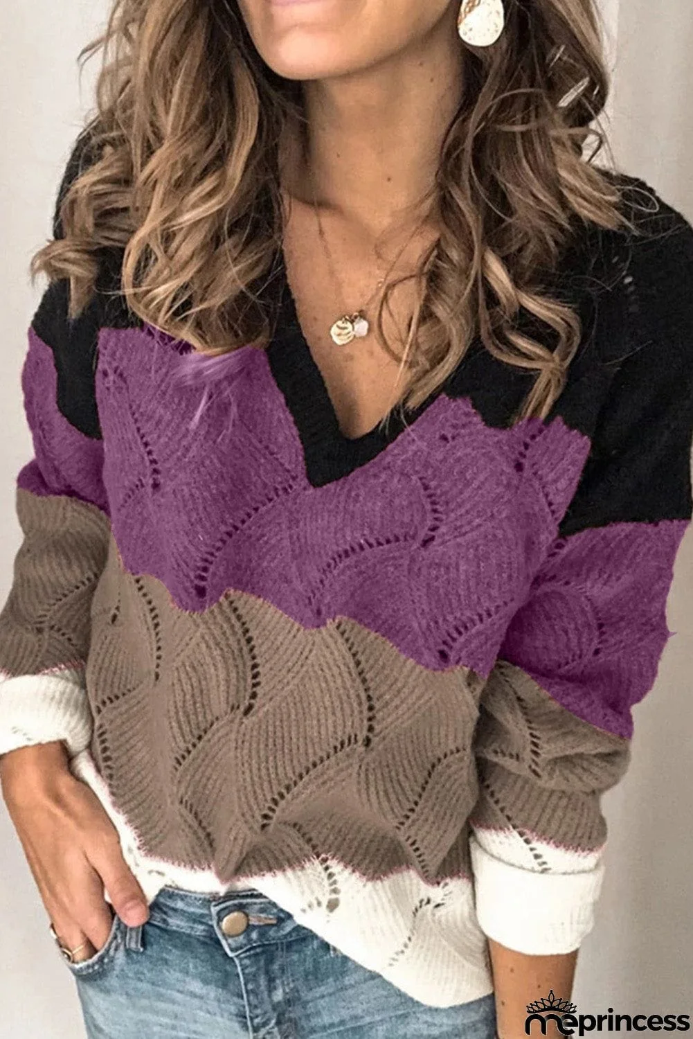 V Neck Colorblock Textured Knit Sweater