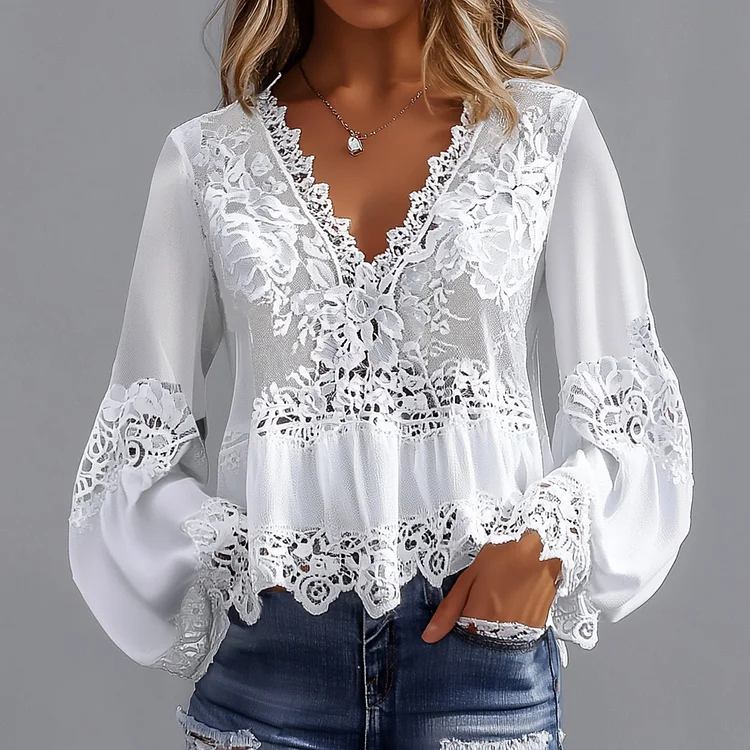 Ursime Elegant Floral Lace Lantern Sleeve V Neck Blouse