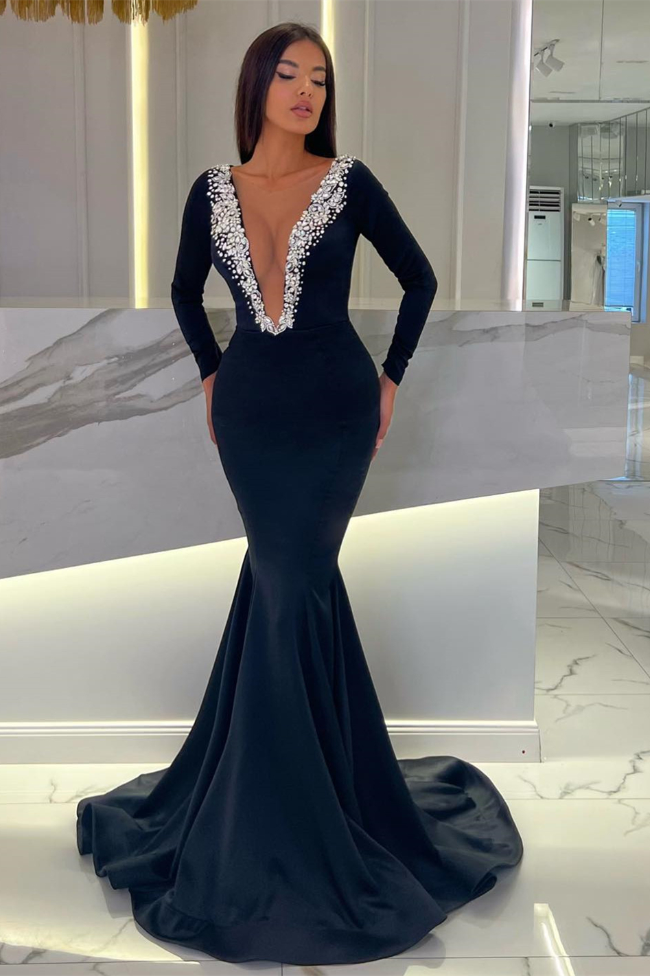 Bellasprom Dark Navy Long Sleeves Evening Dress Mermiad V-Neck With Beads Bellasprom