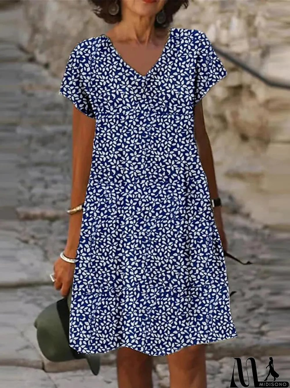 MidiSono - Women's Casual Dress Shift Dress Midi Dress Dark Blue Light Blue Short Sleeve Floral Print Spring Summer V Neck Vacation S M L XL XXL 3XL