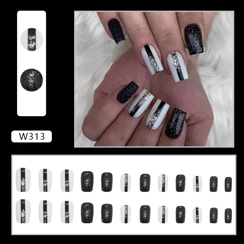 Churchf Churchf And Long European Square Black And White Double Color Beauty Nail Film Ins Wind Burst Flash Sweet Cool Fake Nails
