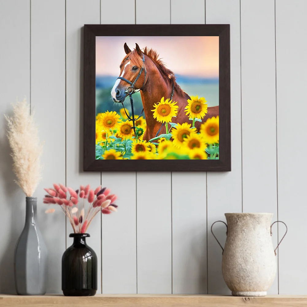 Full Square Diamond Painting 35*35cm - Red Horse In Sunflower Field