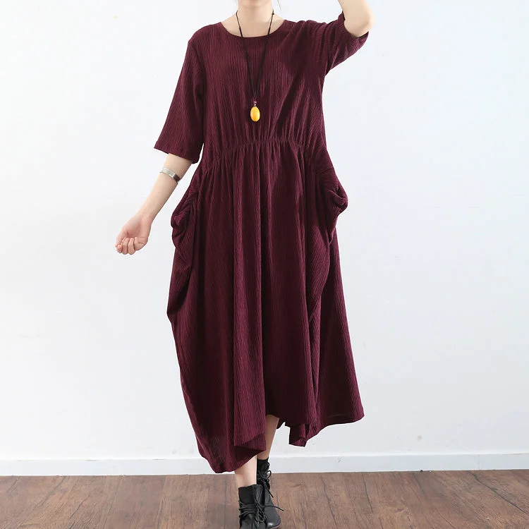 half sleeve burgundy baggy plus size dress pleated silk dresses long silk maxi dress tunic gown