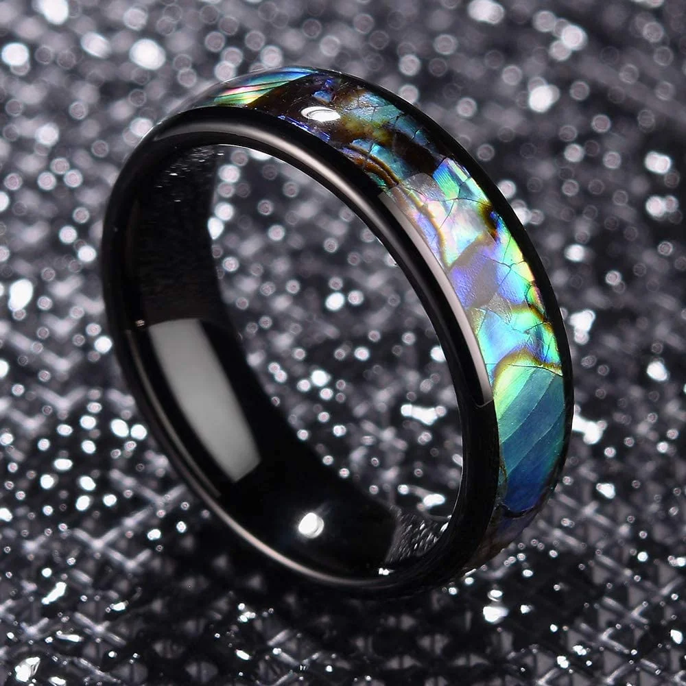 4mm 6mm 8mm Womens Mens Black Tungsten Carbide Abalone Shell Inlay Wedding Bands Polished Carbon Fiber