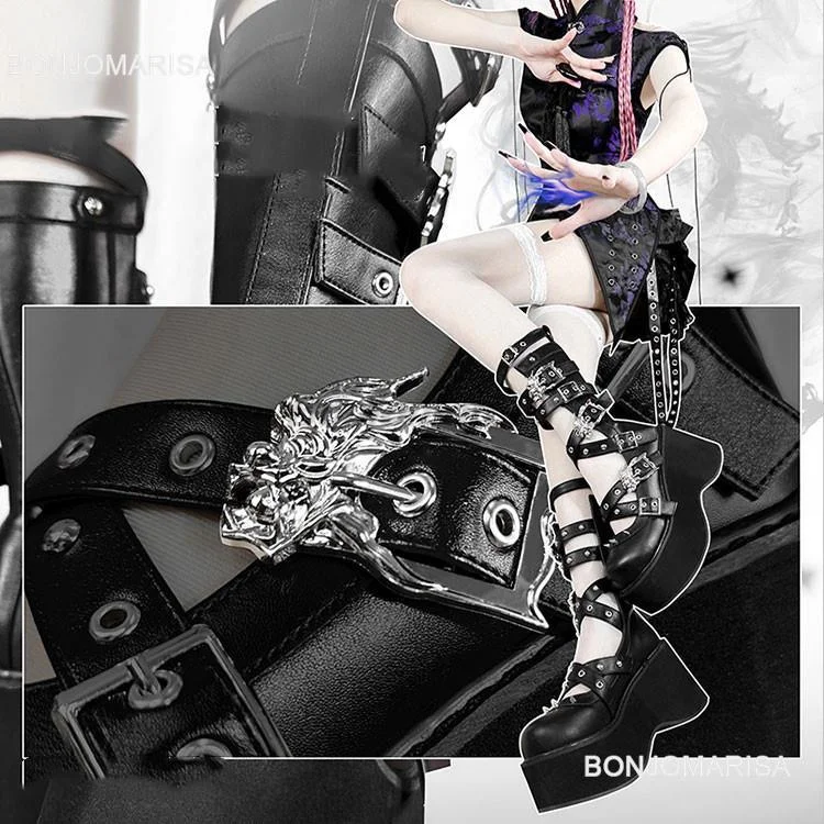 yyvonne Women Goth Platform Mid Calf Boots Wedges Heeled Cospaly Autumn Combat Boots Design Luxury Motorcycle Boots Shoes