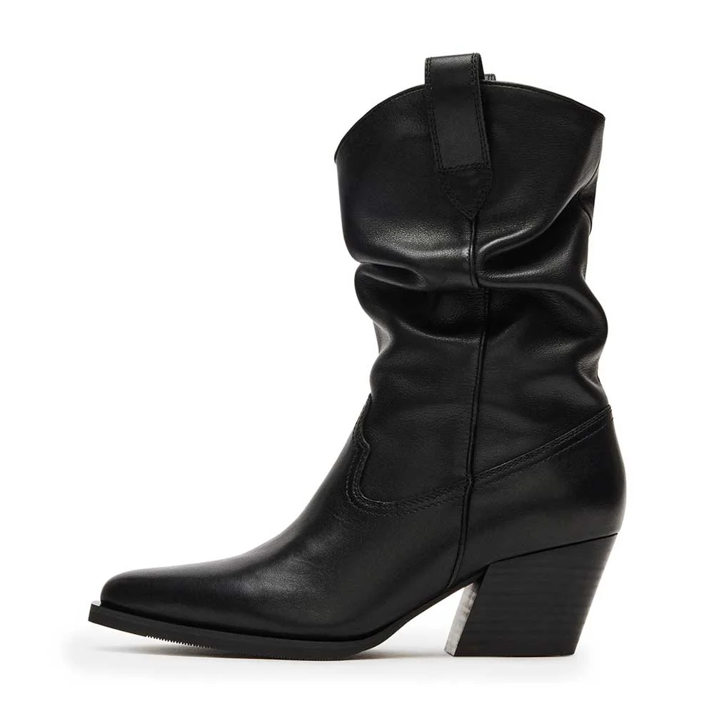 Black Almond Toe Vegan Leather Chunky Heel Western Slouch Ankle Boots