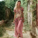 Boho Ethnic Floral Sequin Embroidery Women's Linen V-neck Maxi Dress - Image 3