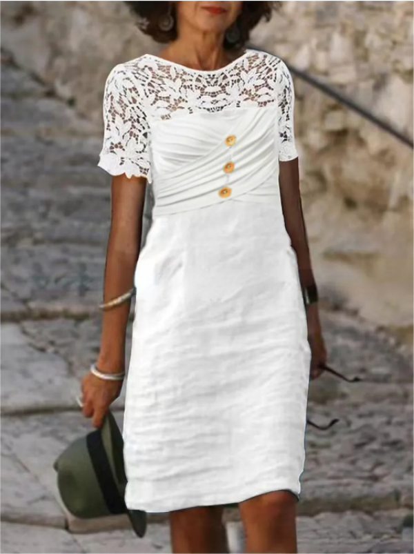 Women's Round Neck Short Sleeved Cotton Linen Mid Length Dress