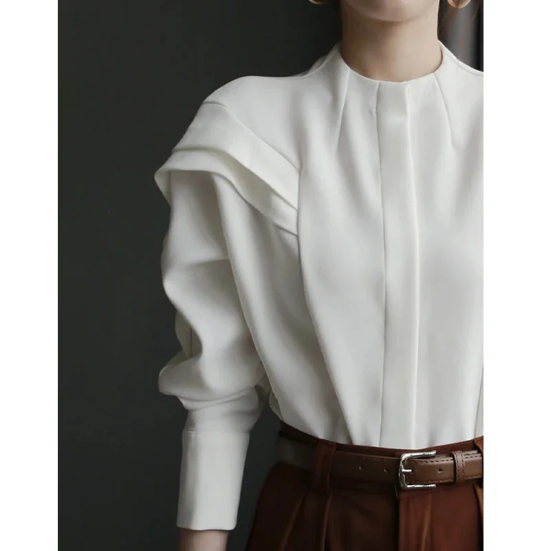 Nncharge Style Elegant Round Neck White Luxury Blouses 2024 Spring Women Office Lady Solid Long Sleeve Office Lady Shirts Top