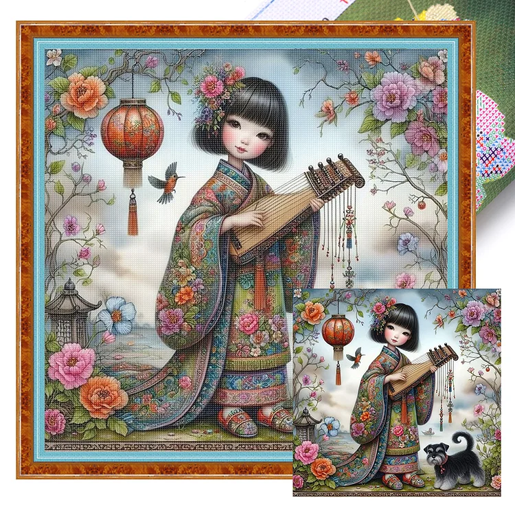 【Huacan Brand】Girl and puppy 40*40cm 11CT Stamped Canvas Cross Stitch gbfke