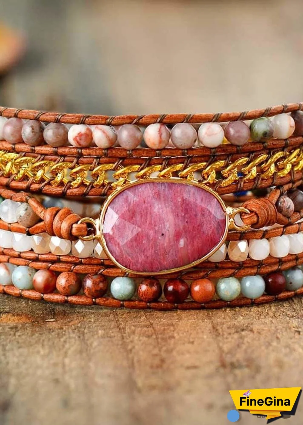 Boho Bracelet, 5 Layers Leather Wrap Bracelet, Pink Rhodonite