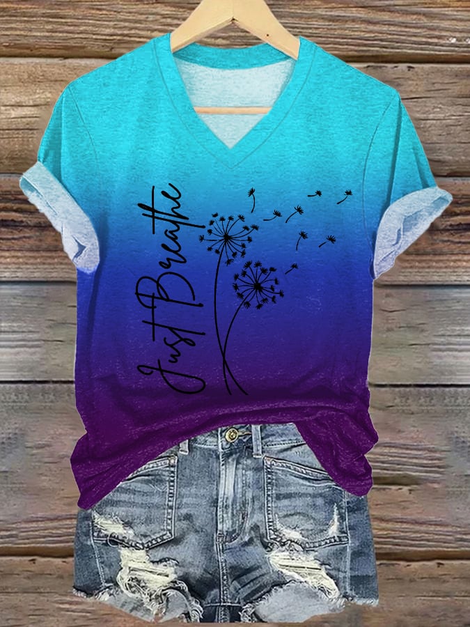 Women's Just Breathe Print V Neck T-Shirt