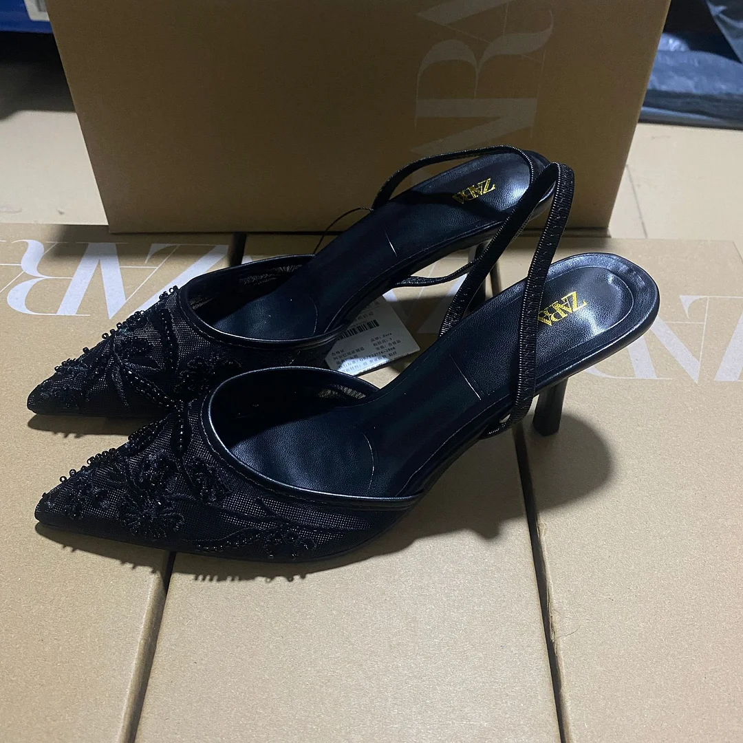 Breakj Breakj Autumn New Stumbling Temperament Fine Heel Shoes Tip Embroidery Bead Mesh Sandals