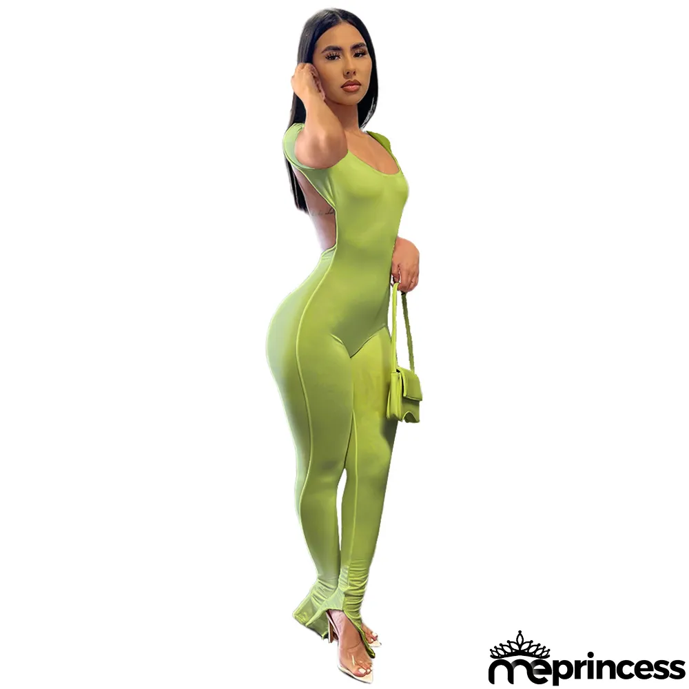Women Sexy Solid Backless Split Flared Jumpsuit
