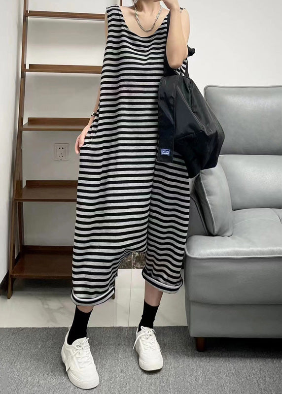 VCSHOES Loose Black O Neck Striped Patchwork Knitting Cotton Jumpsuit Sleeveless