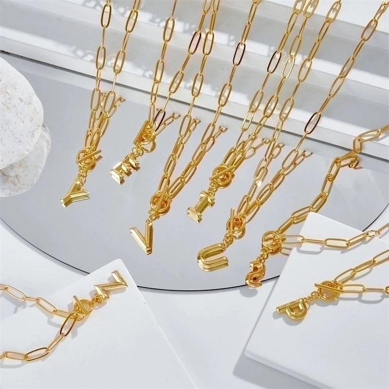 Copper 14K Gold Plated Fashion Plating Letter Pendant Necklace