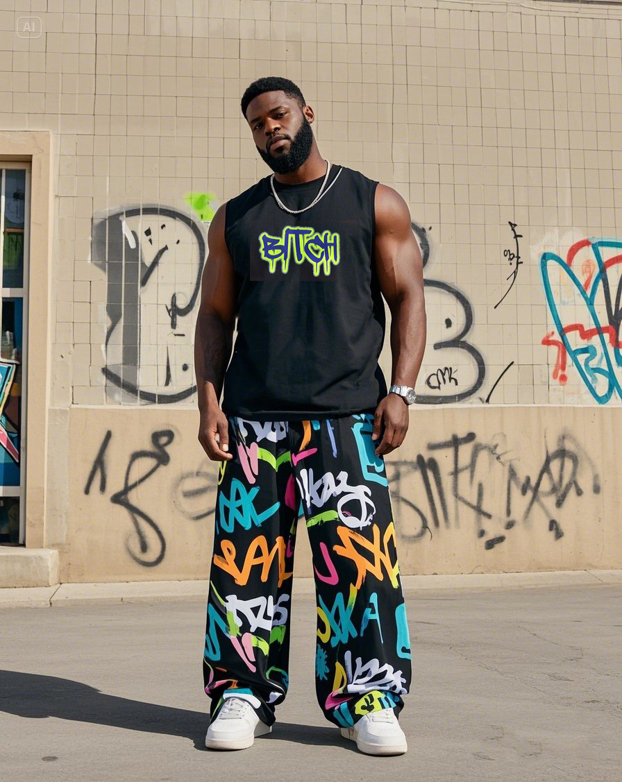 Men Plus Size Street Fashion Graffiti Style Striped Vest Trousers Suit