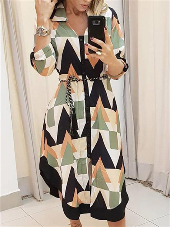 Women Long Sleeve V-neck Graphic Midi Dress