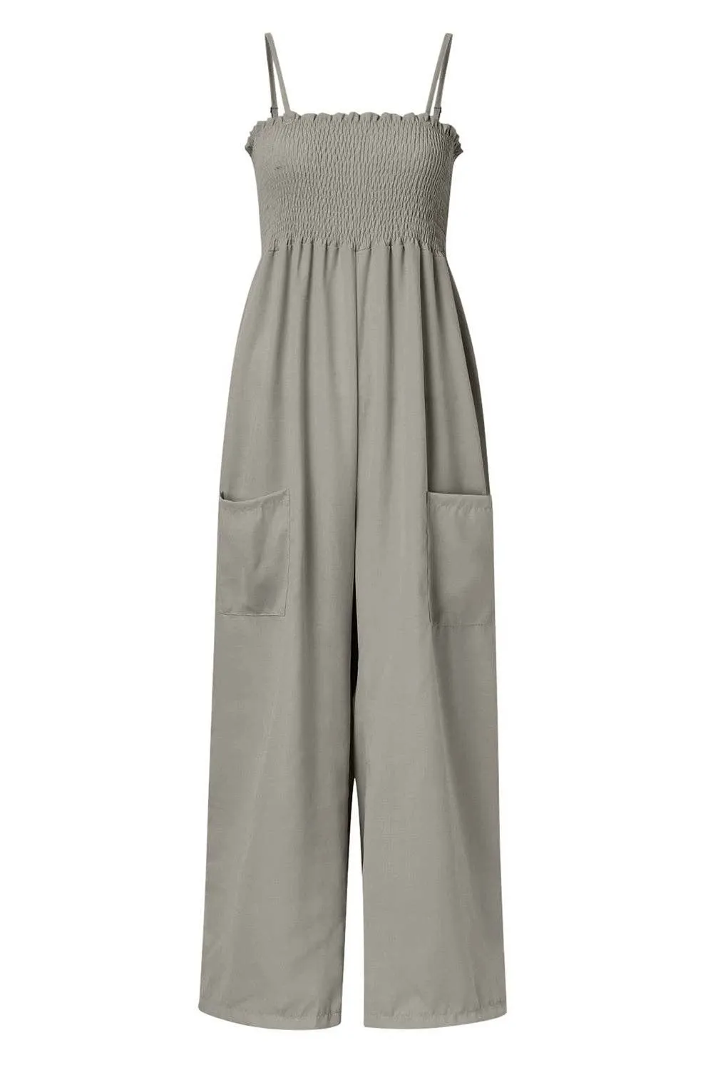 Smocked Spaghetti Strap Wide Leg Jumpsuit - Pocketed