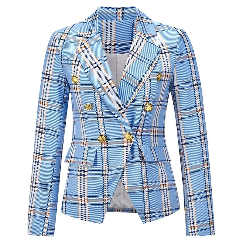 Spring Autumn Women Checked Blazer Casual Fashion Button Cropped Long Sleeve Jacket Elegant Chic Blue Female Office Suit 2021