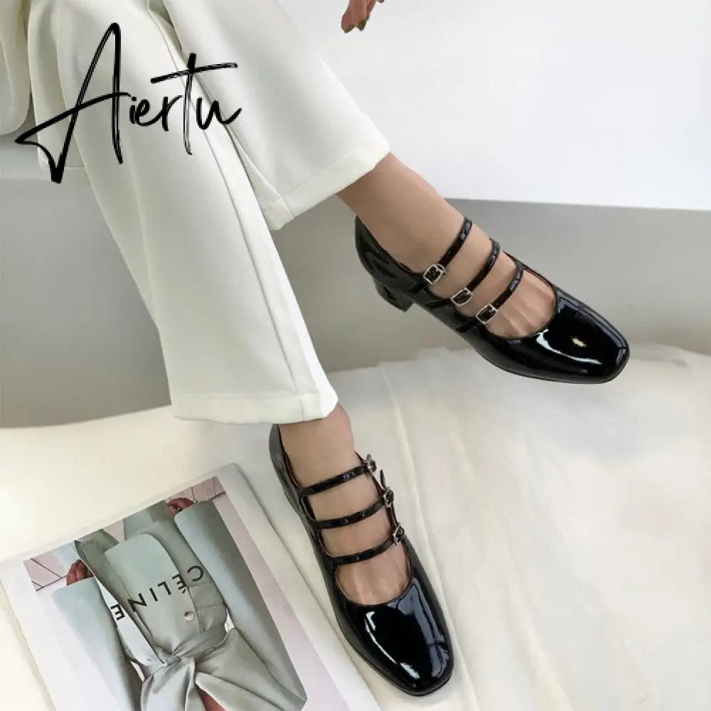 Aiertu Summer Women Shoes Spring Office Buckle Round Toe Chunky Block Mid Heels Party Office Womens Low Heel Dress Ladies Shoes Aiertu
