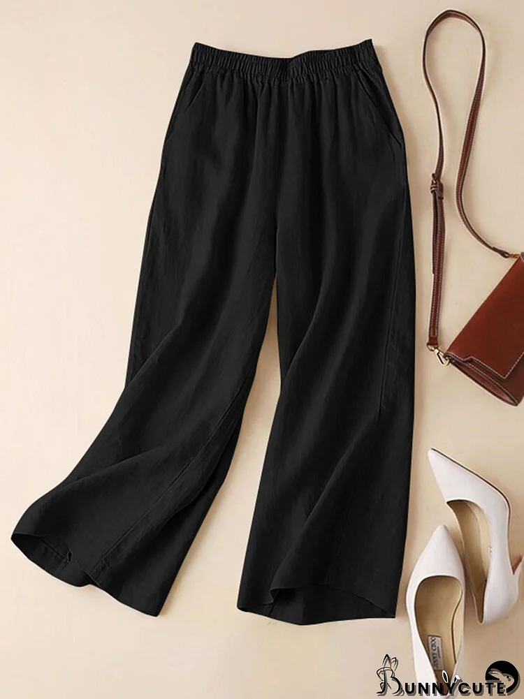 Solid Casual Pocket Wide Leg Pants For Women