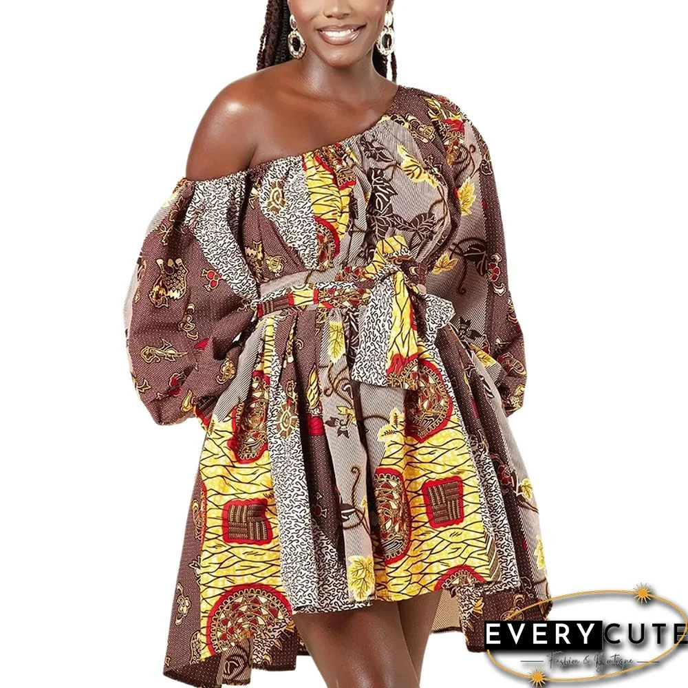 Khaki African Print Long Sleeve Dress with Belt