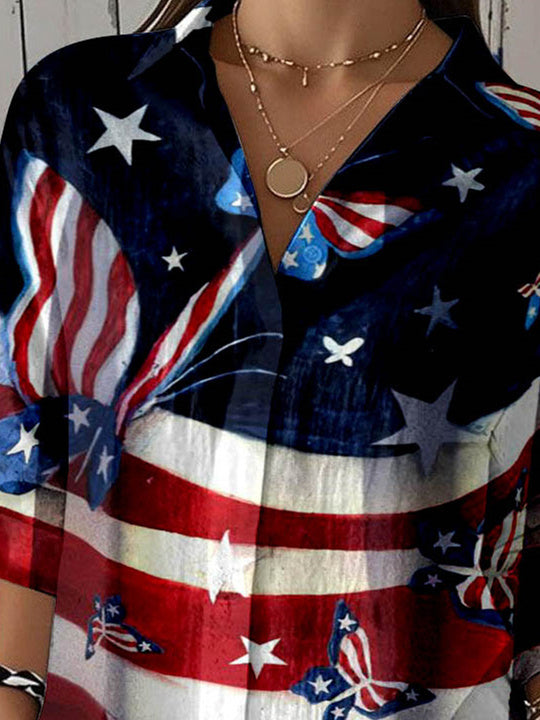 Women 3/4 Sleeve Shirt Collar National Flag Floral Printed Graphic Button Tops