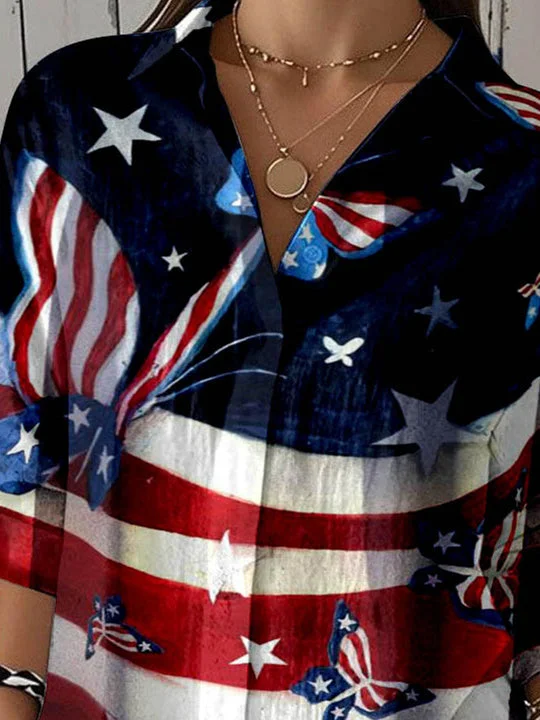 Women 3/4 Sleeve Shirt Collar National Flag Floral Printed Graphic Button Tops
