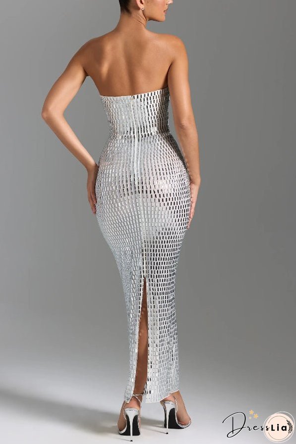 Flash Sculpture Rhinestone Embellished Bandeau Slit Stretch Maxi Dress