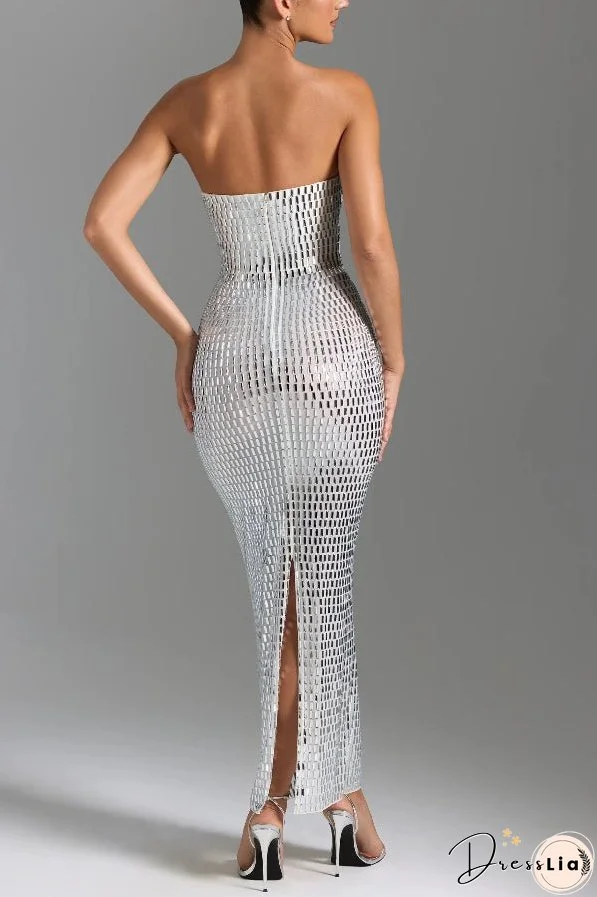 Flash Sculpture Rhinestone Embellished Bandeau Slit Stretch Maxi Dress